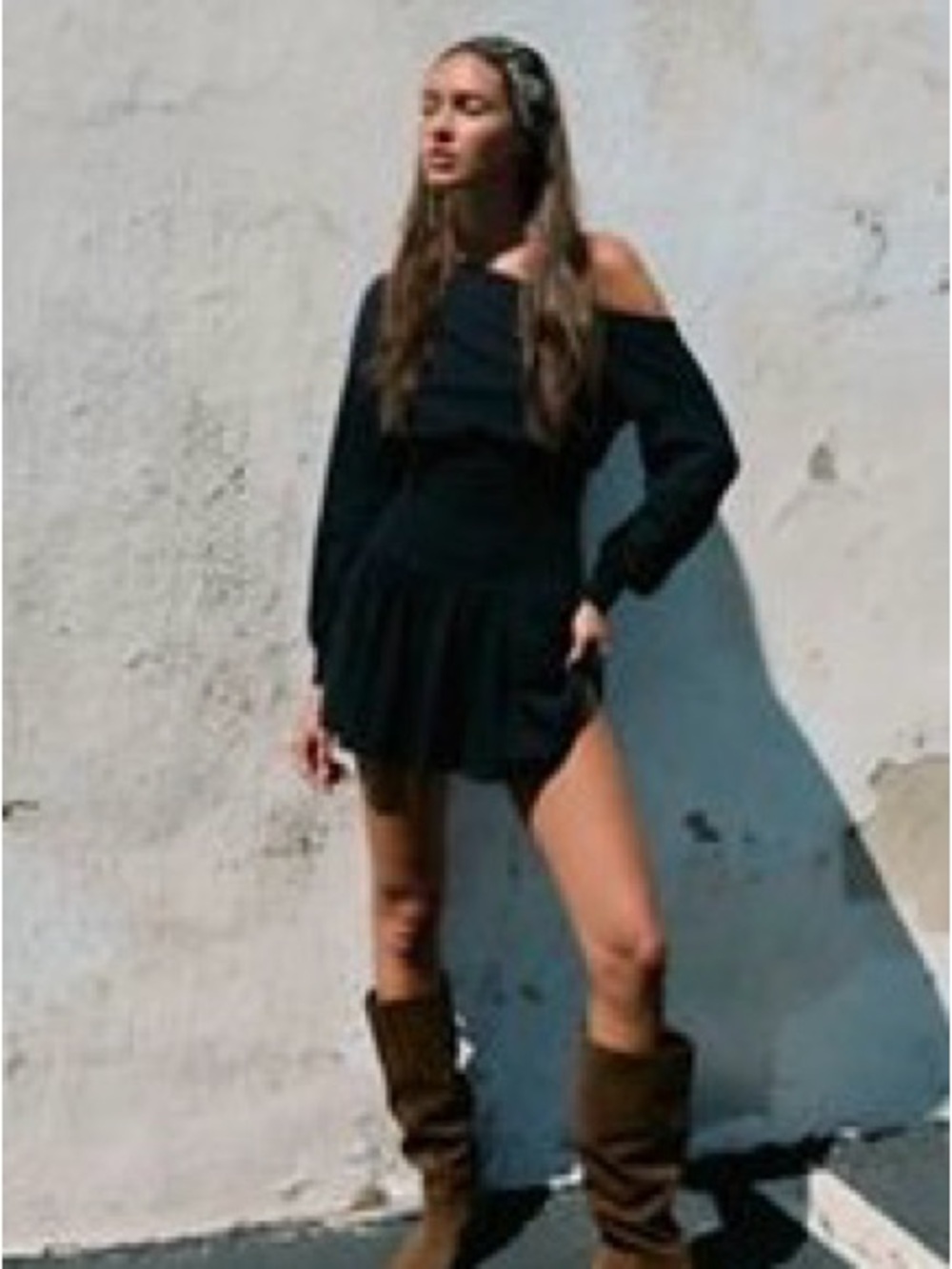 Free People Black Off-Shoulder Long Sleeve Mini Dress